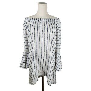 Ali Miles Striped Top Large Off-Shoulder White Navy Bell Sleeve Boho